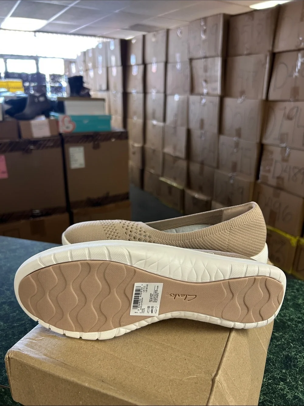 Clarks Beige Knit Slip-On Flats with Cushioned White Sole